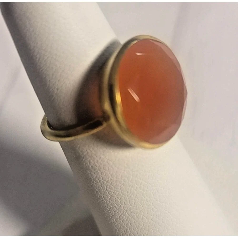 Gold Vermeil 925 Orange Gemstone Ring Size‎ 7 Round Cabochon Carnelian Statement